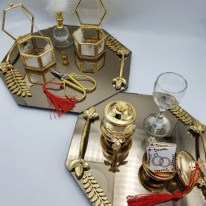 Verlobungstablett - Achteckig mit Blattmuster - kleine Ringboxen - Komplettset (Gold)