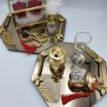 Verlobungstablett - Achteckig mit Blattmuster - große Ringbox - Komplettset (Gold)