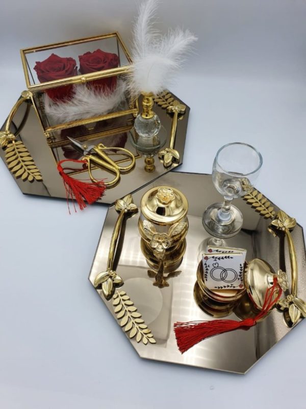 Verlobungstablett - Achteckig mit Blattmuster - große Ringbox - Komplettset (Gold) Verlobungstablett - Achteckig mit Blattmuster - große Ringbox - Komplettset (Gold) – Bild 1